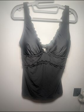 DKNY Black Ruffle-Trim Swim Tankini Top with Metal Logo